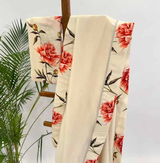 Ivory Peonia Chanderi Silk Saree