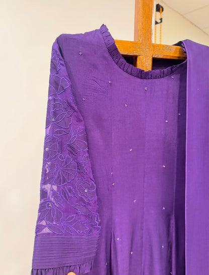 Purple Applique Sleeve Kurta Set