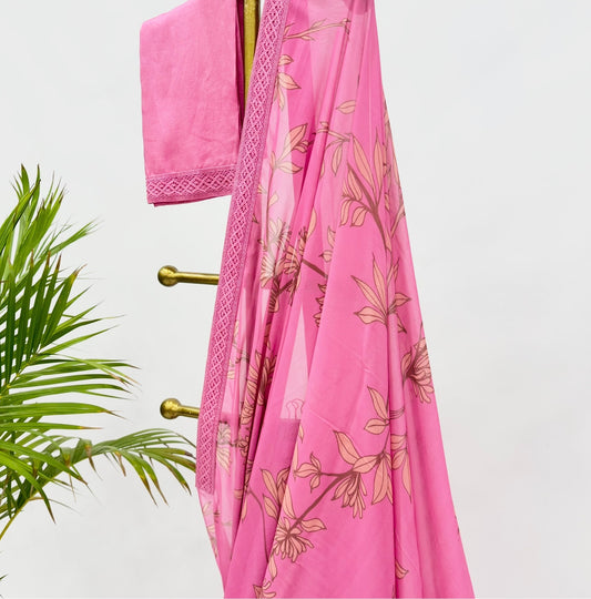 Bubblegum Pink Foliole Georgette Saree