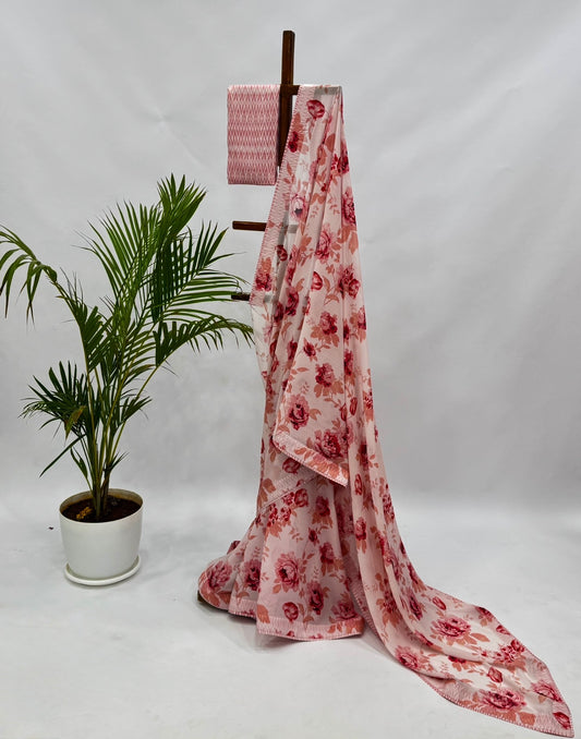 Peach Flower Bunch Georgette Saree with stripes Blouse Fabric