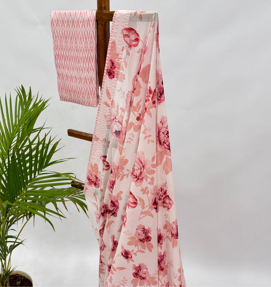 Peach Flower Bunch Georgette Saree with stripes Blouse Fabric
