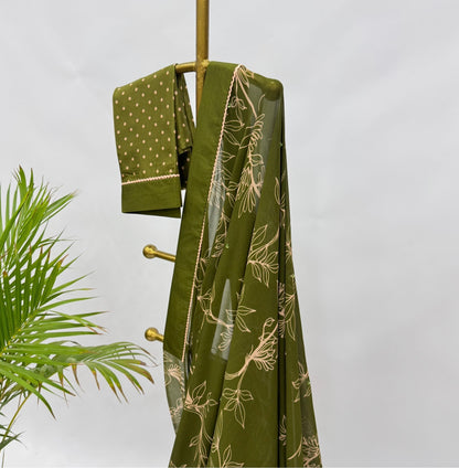Olive Green Foliole Outline Georgette Saree