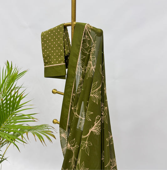 Olive Green Foliole Outline Georgette Saree