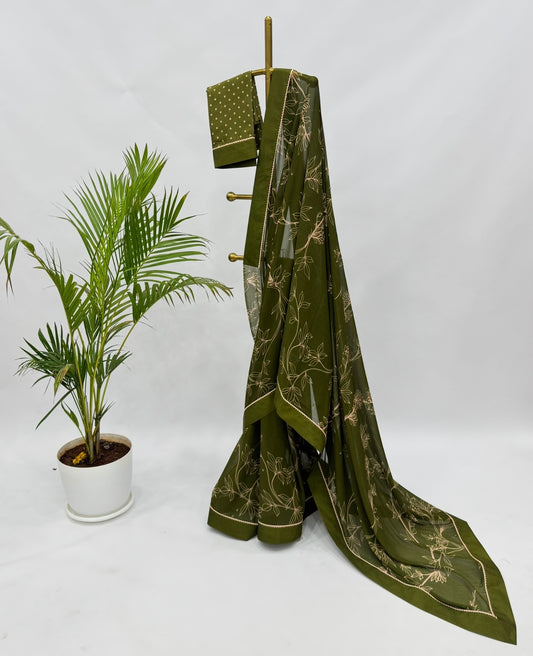 Olive Green Foliole Outline Georgette Saree