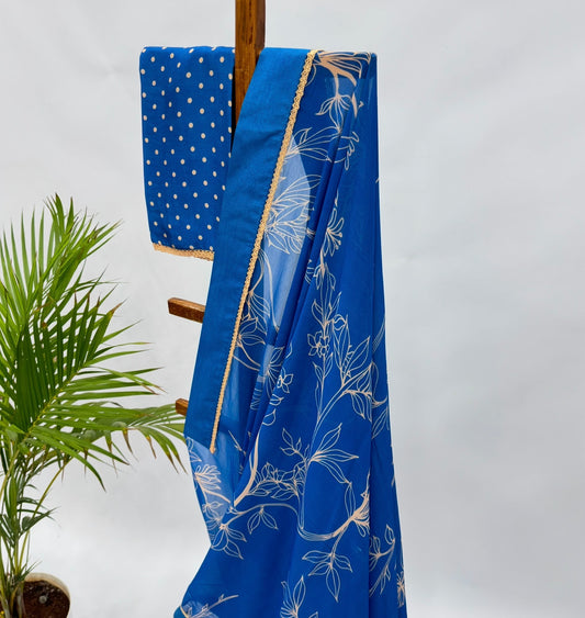 Blue Foliole Outline Georgette Saree