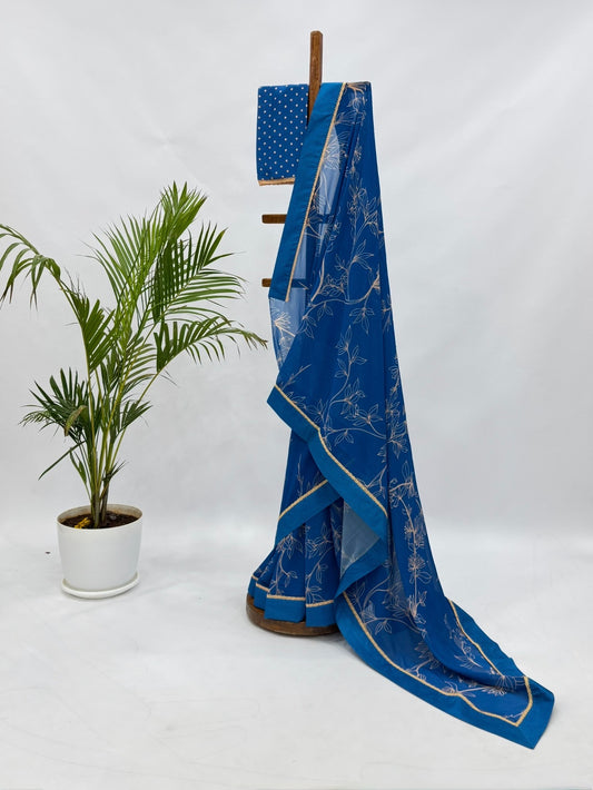 Blue Foliole Outline Georgette Saree