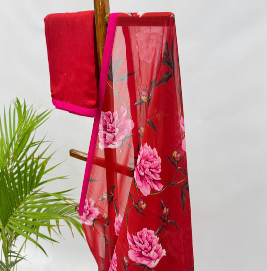 Red Peonia Georgette Saree