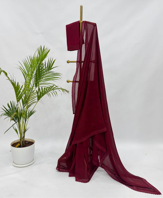 Burgundy Peonia Georgette Saree