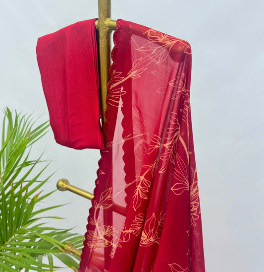 Red Foliole Outline Saree with cutbeads scalloo
