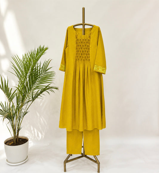 Yellow Smoking Applique Kurta Set
