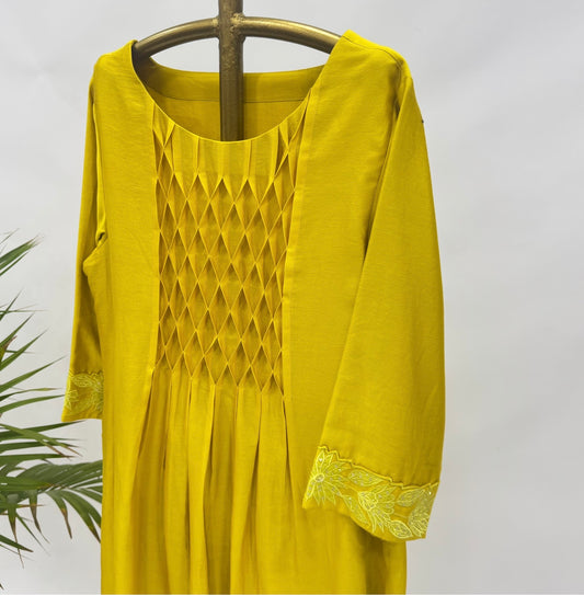 Yellow Smoking Applique Kurta Set