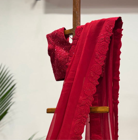 Red Applique Falling Organza Saree with Sequin Blouse