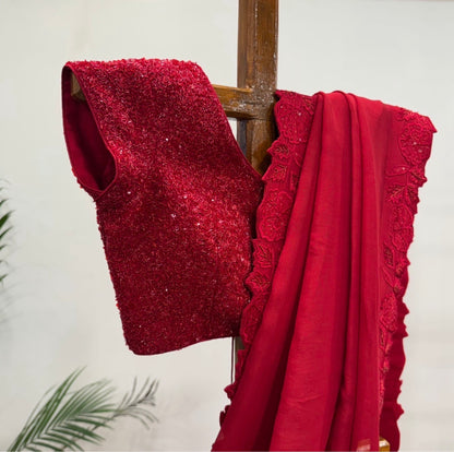 Red Applique Falling Organza Saree with Sequin Blouse