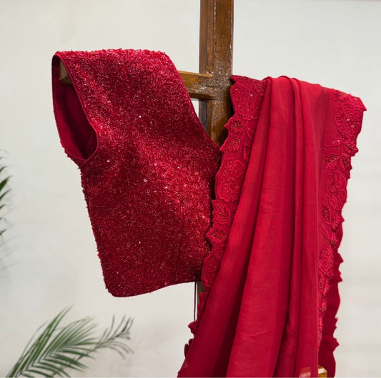 Red Applique Falling Organza Saree with Sequin Blouse
