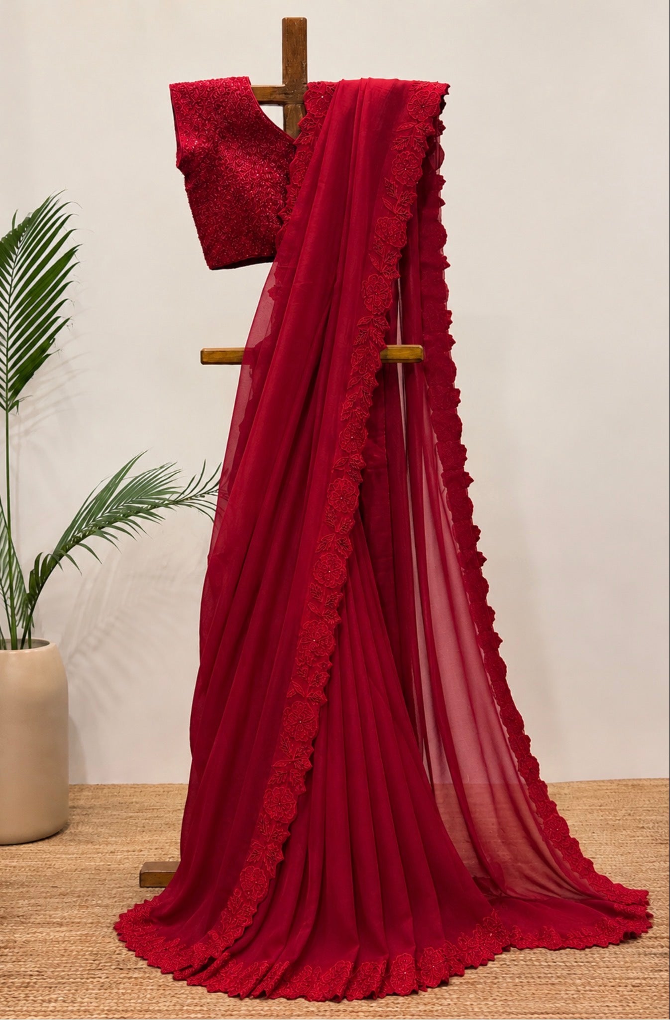 Red Applique Falling Organza Saree with Sequin Blouse
