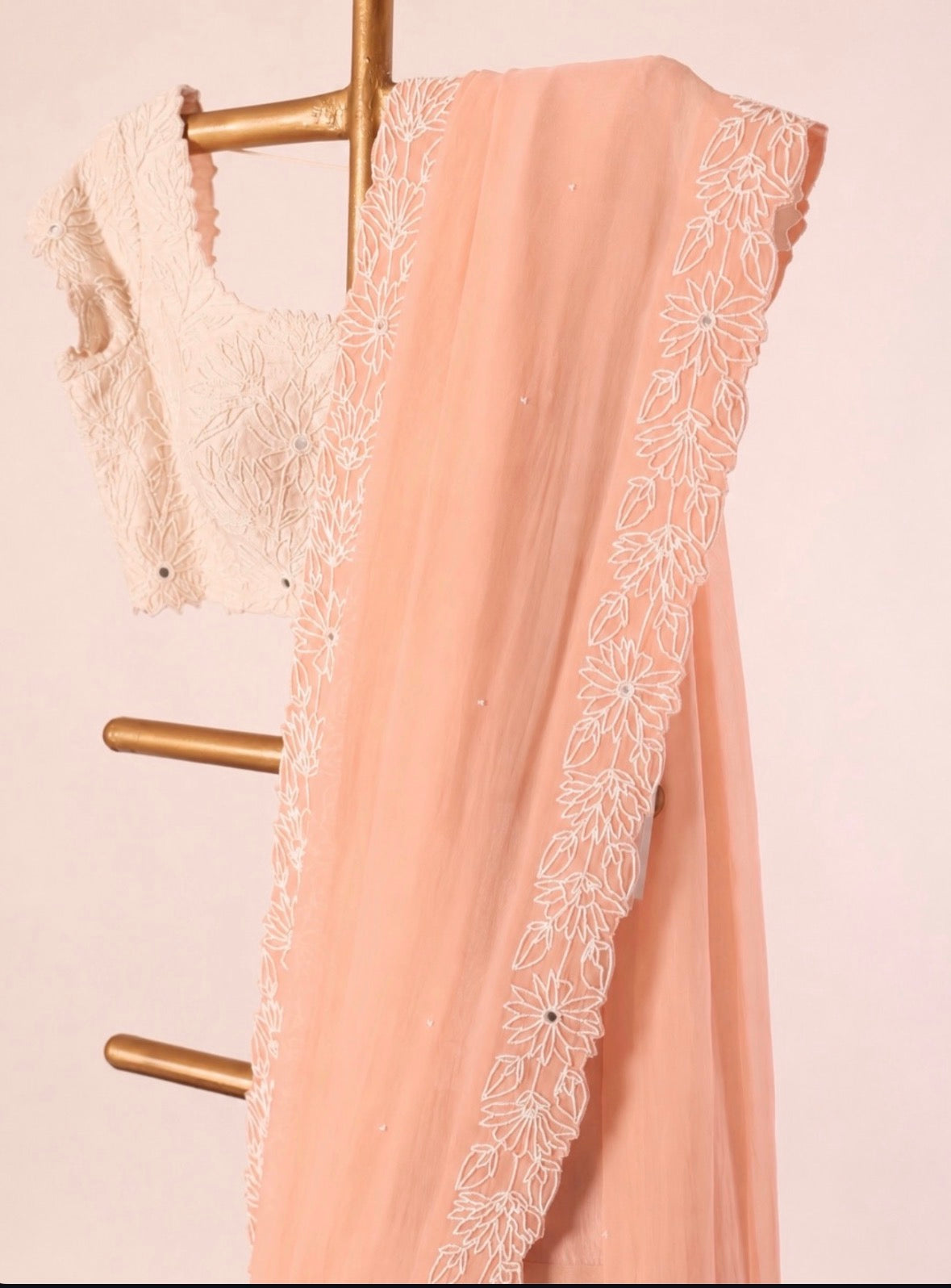 Soft Peach Pearl Embroidered Saree Set