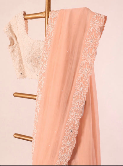Soft Peach Pearl Embroidered Saree Set