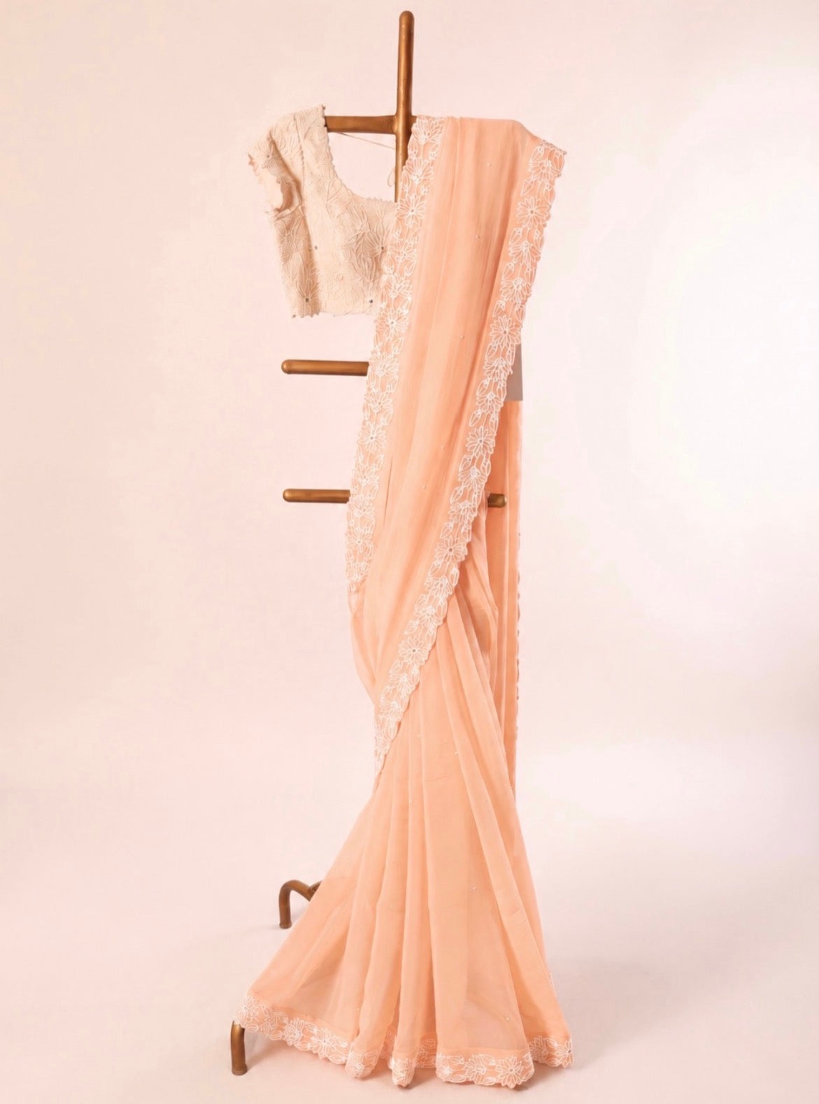 Soft Peach Pearl Embroidered Saree Set