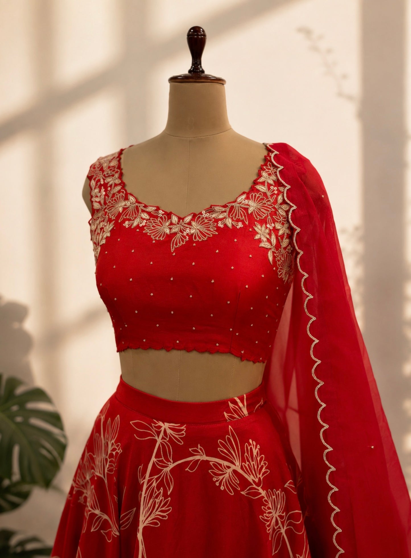 Red Foliole outline Chanderi Silk Skirt Set
