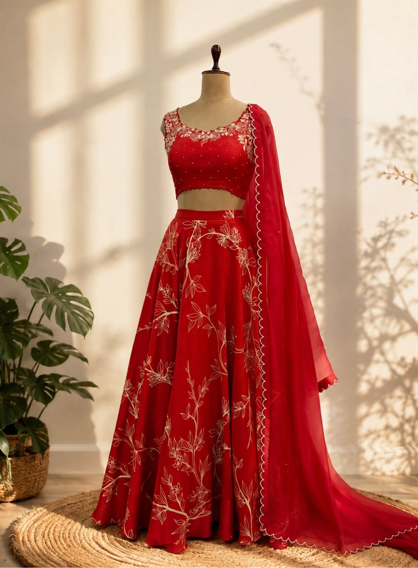 Red Foliole outline Chanderi Silk Skirt Set
