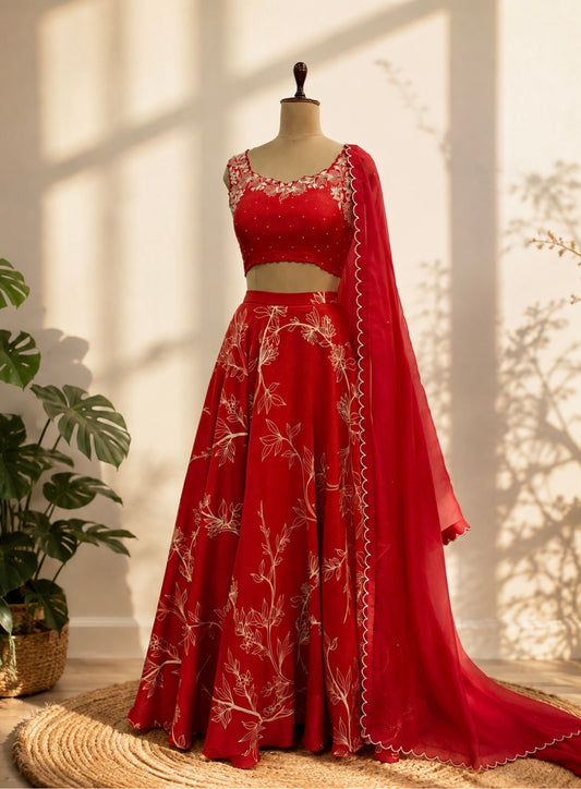 Red Foliole outline Chanderi Silk Skirt Set