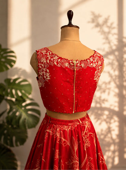 Red Foliole outline Chanderi Silk Skirt Set
