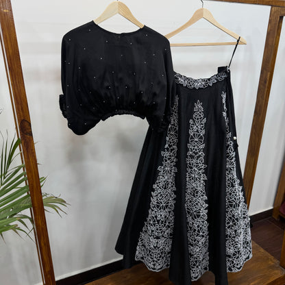Black Balloon Top Skirt Set