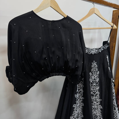Black Balloon Top Skirt Set