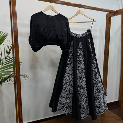 Black Balloon Top Skirt Set