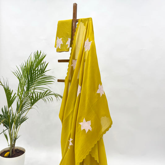 Golden Yellow VT Applique Motifs Chanderi Silk saree