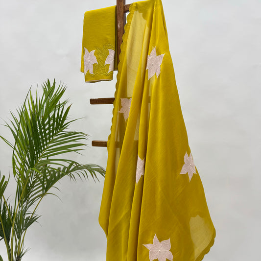 Golden Yellow VT Applique Motifs Chanderi Silk saree