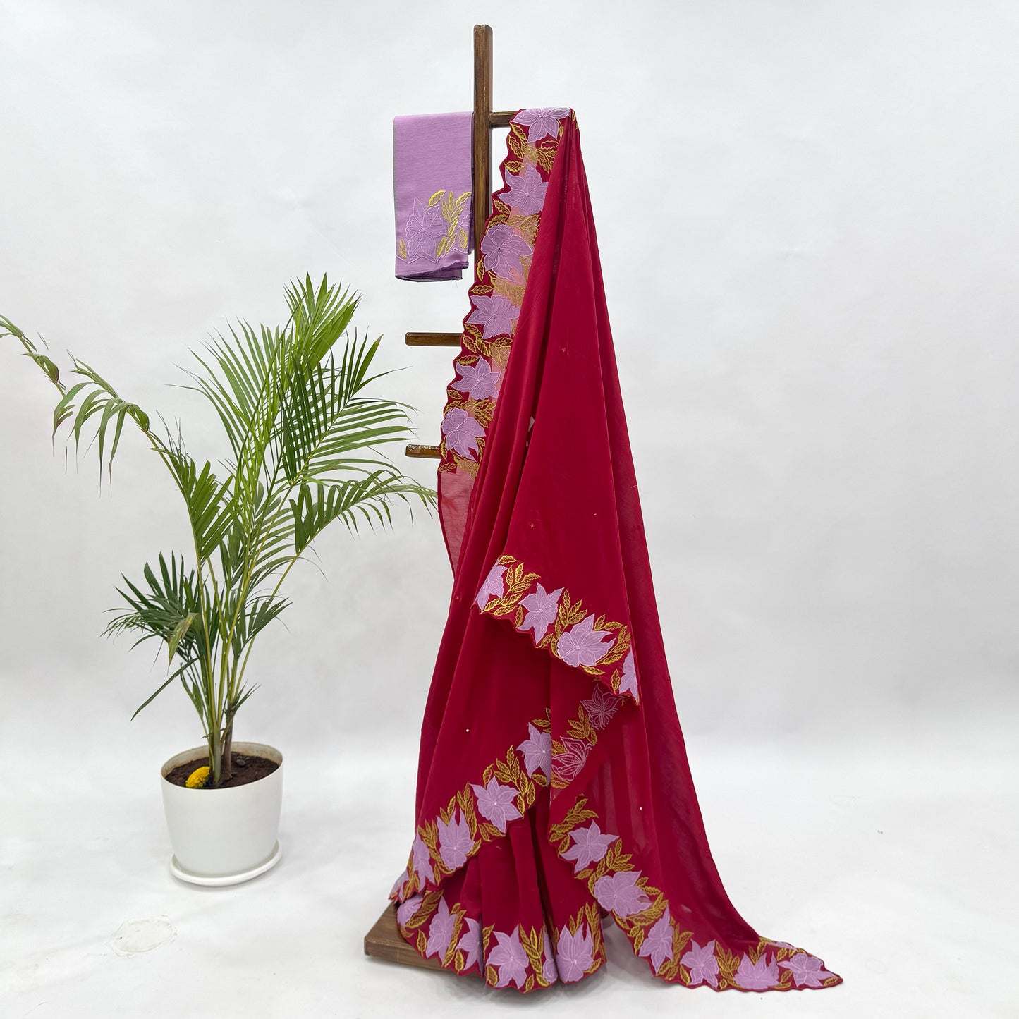 Red VT Applique Embroidered Chanderi Silk Saree