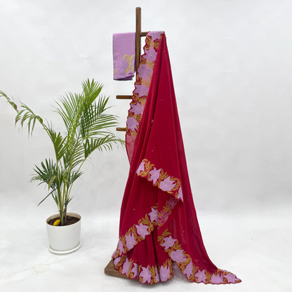 Red VT Applique Embroidered Chanderi Silk Saree