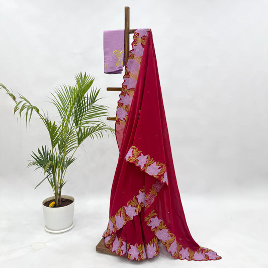 Red VT Applique Embroidered Chanderi Silk Saree