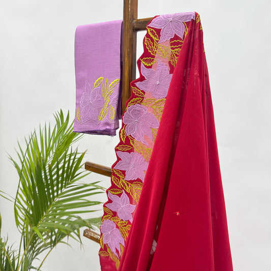 Red VT Applique Embroidered Chanderi Silk Saree