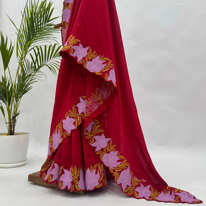 Red VT Applique Embroidered Chanderi Silk Saree