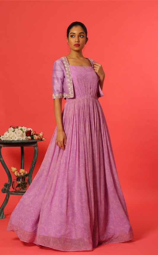 Lavender Kumri Georgette Floorlength with Rawsilk Knot Embroidery Jakcet