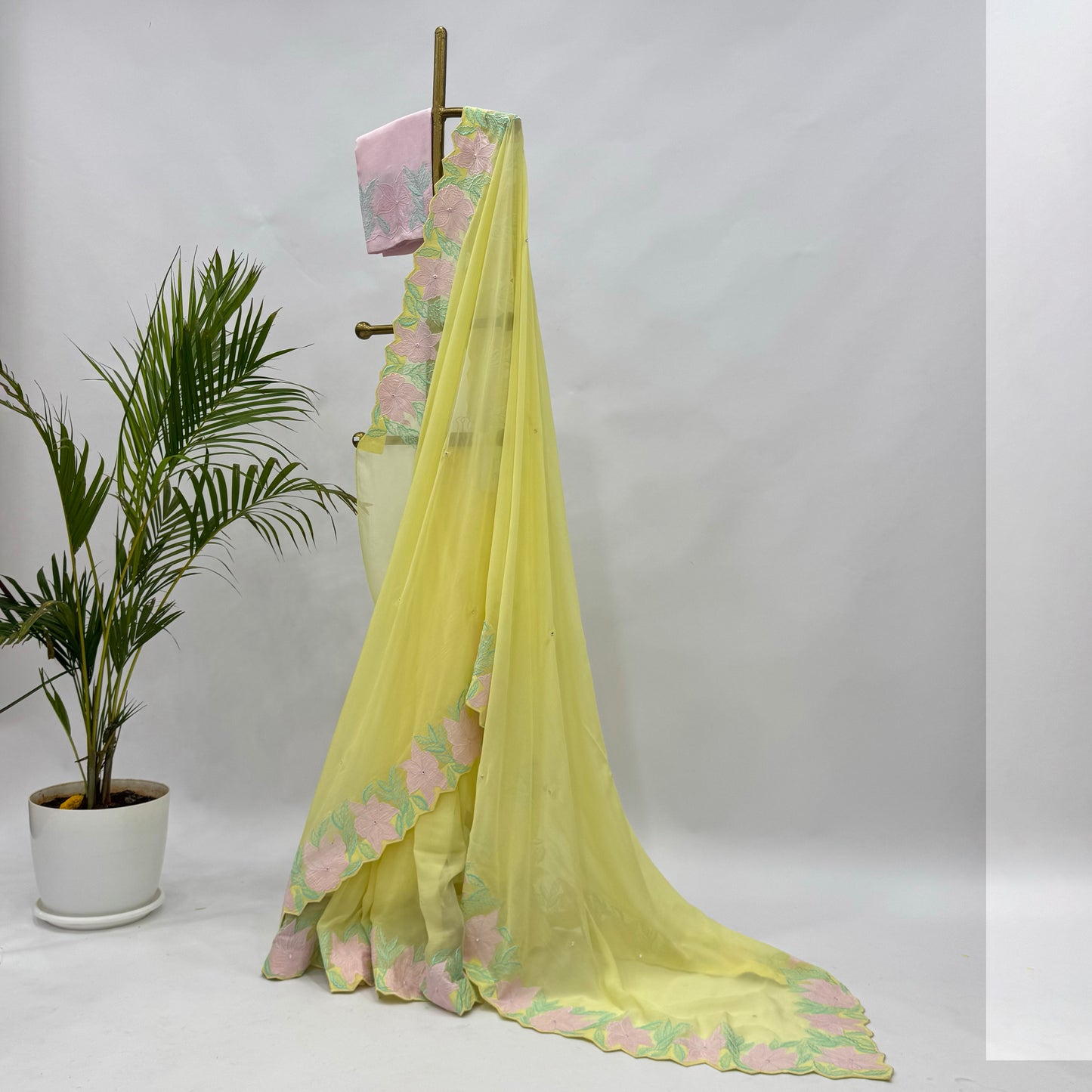 Lime YellowVT Applique Border Falling Organza Saree