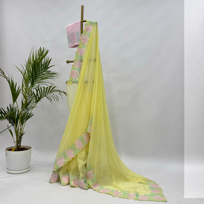 Lime YellowVT Applique Border Falling Organza Saree