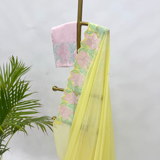 Lime YellowVT Applique Border Falling Organza Saree
