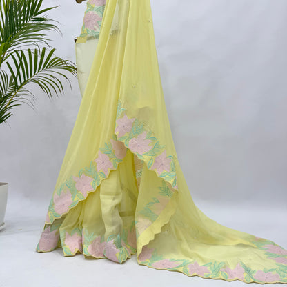 Lime YellowVT Applique Border Falling Organza Saree