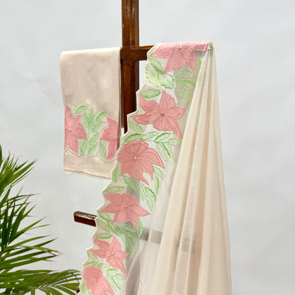 Ivory VT Applique Border Falling Organza Saree