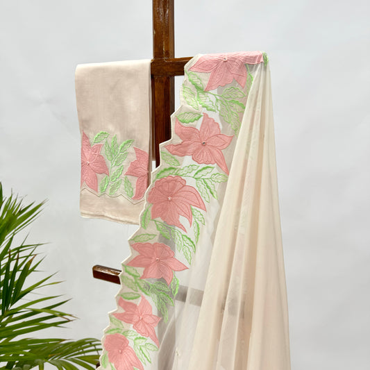 Ivory VT Applique Border Falling Organza Saree