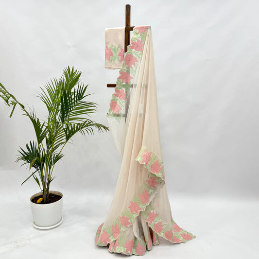 Ivory VT Applique Border Falling Organza Saree