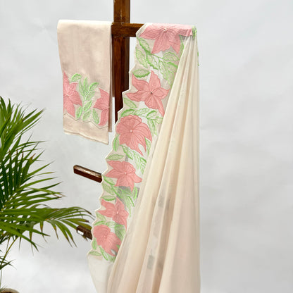 Ivory VT Applique Border Falling Organza Saree