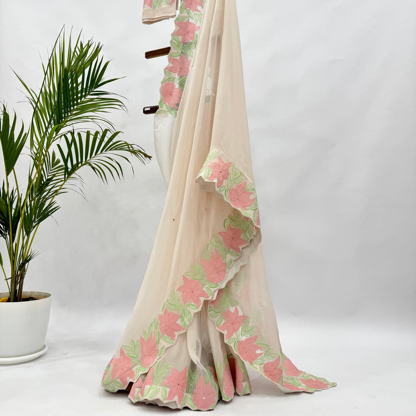 Ivory VT Applique Border Falling Organza Saree