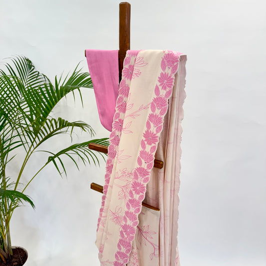 Blush Foliole Outline Applique Chanderi Silk Saree Set