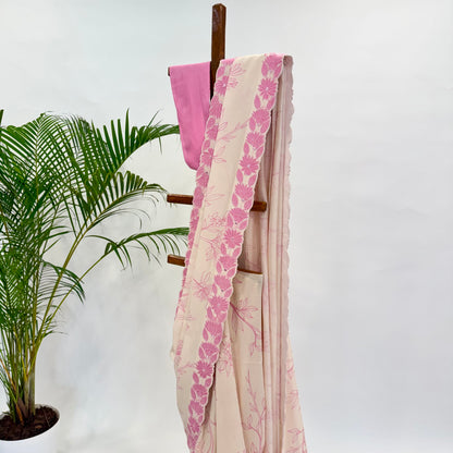 Blush Foliole Outline Applique Chanderi Silk Saree Set