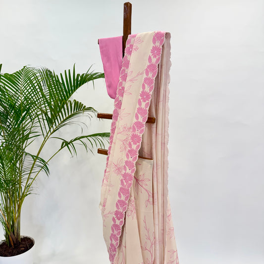 Blush Foliole Outline Applique Chanderi Silk Saree Set