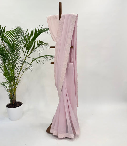 Soft Pink Applique Chanderi Silk Saree Set